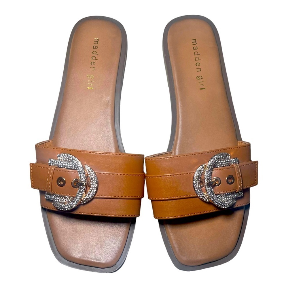 MADDEN GIRL Cognac with Rhinestone Buckle Slides 9 NWT